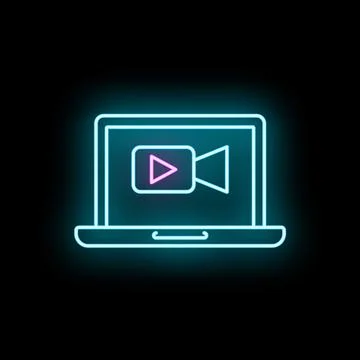 Laptop displaying neon video streaming icon 스톡 일러스트