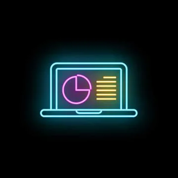 Laptop displaying pie chart digital data analytics neon Illustrazione stock
