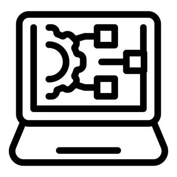 Laptop displaying project management software with flowchart and gear icon Stock Illustration