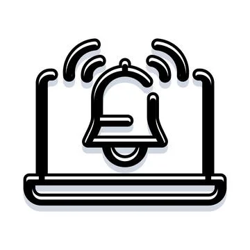 Laptop displaying ringing bell notification alert icon Illustrazione stock