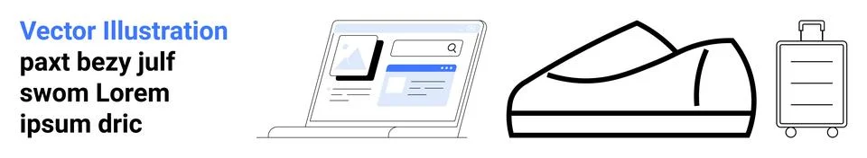 Laptop displaying screen, wireless earbuds in case, and suitcase with wheels. Ilustração Stock