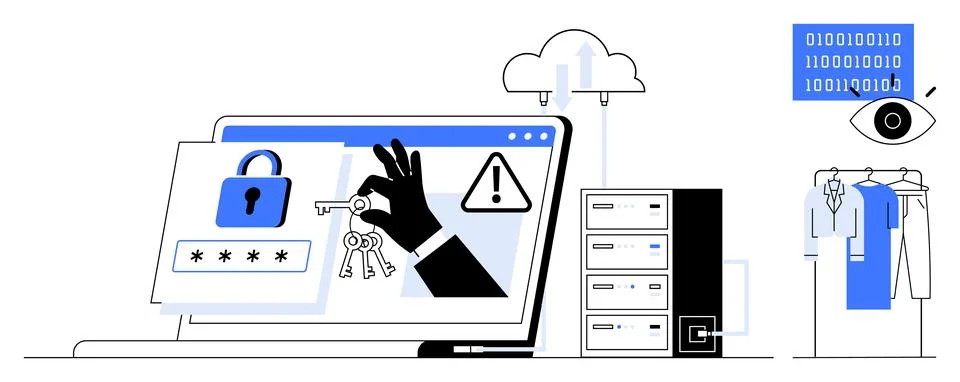 Laptop displaying secure login elements, warning, and key symbol with data ce 库存插图