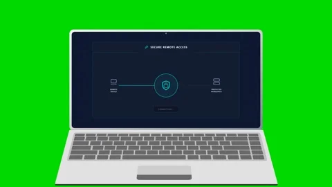Laptop displaying secure remote connection process on green screen. 4K Stock Footage 342114835