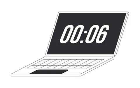 Laptop displaying six second countdown timer black and white cartoon clipart Stock Illustration
