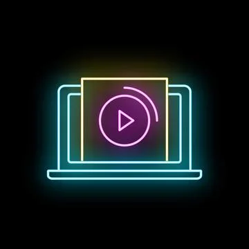 Laptop displaying streaming video player neon icon イラスト素材
