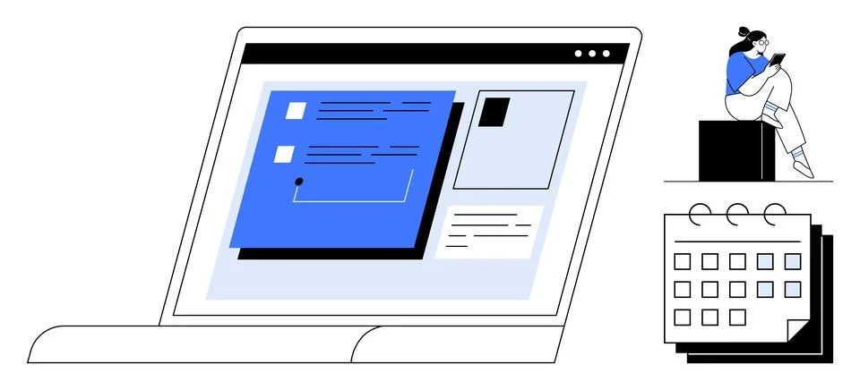 Laptop Displaying Task Management Interface with Person Reviewing Notes and.. Stock Illustration