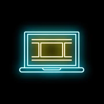 Laptop displaying video editing interface in glowing neon Stock Illustration