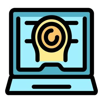 Laptop displaying virtual reality simulation of human head and brain activity Stock Illustration