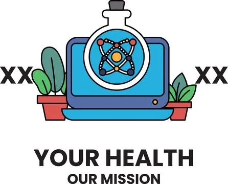 Laptop displays atomic structure, symbolizing health science 스톡 일러스트