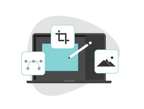 Laptop displays with UI design programs for digital art and editing. Web design Stock Illustration