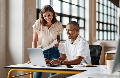 Laptop, document and coaching with people in office, feedback and support w.. Stock-Fotos