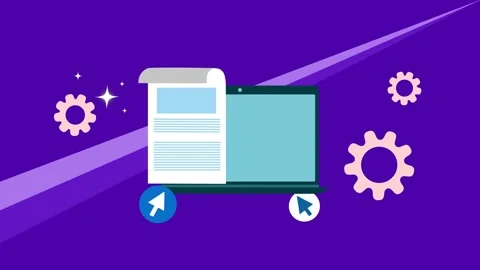 Laptop with document and gear icon animation, Flat laptop with a document o.. Stock Footage 334762422