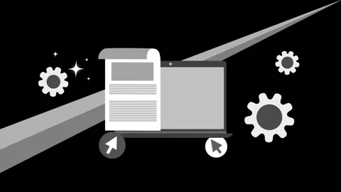 Laptop with document and gear icon animation, Flat laptop with a document o.. Stock Footage 334762439