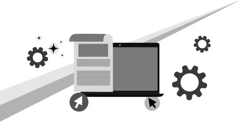 Laptop with document and gear icon animation, Flat laptop with a document o.. Stock Footage 334762573