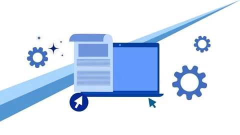 Laptop with document and gear icon animation, Flat laptop with a document o.. Stock Footage 334762606
