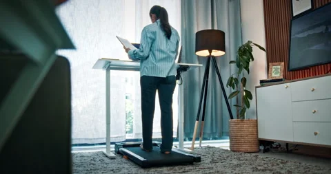 Laptop, document and woman with remote work on treadmill for client admin, Stock Footage 330165870