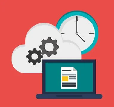 Laptop document cloud gear clock Stock Illustration