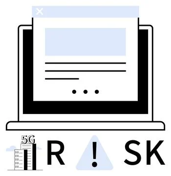 Laptop with document icon, 5G network building, warning sign replacing I in R Ilustración de archivo