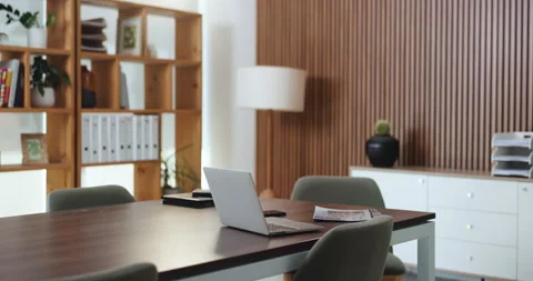 Laptop, documents and internet in empty office for financial company, research Stock Footage 330053457