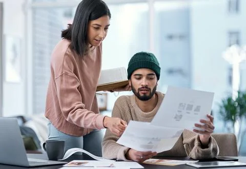 Laptop, documents and remote work with couple in home for creative, convers.. Stock Photos