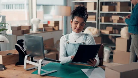 Laptop, documents and woman with boxes for shipping, supply chain and logistics Stock Footage 314793462