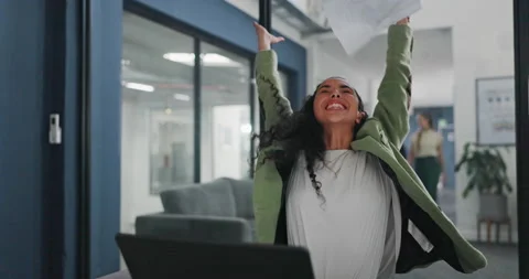 Laptop, documents or excited black woman celebrate financial success, stock Stock Footage 232616692