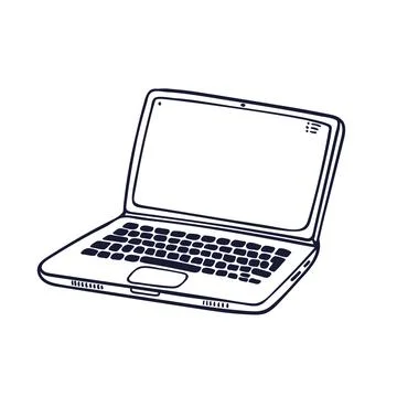 Laptop in doodle style. Notebook with empty white screen on white background Stock Illustration