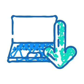Laptop downloading data computer icon doodle illustration Stock Illustration