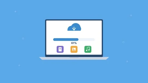Laptop downloading files from the cloud with progress bar, sky blue Stock Footage 342594535