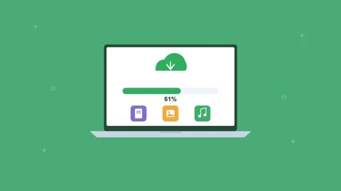 Laptop downloading files from the cloud with progress bar and file icons, green Stock Footage 342594561