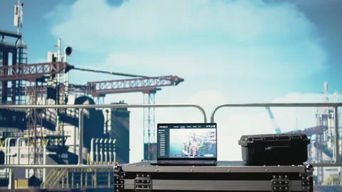 Laptop on drilling barge displaying predictive maintenance dashboard Stock Footage 319970263