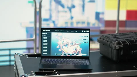 Laptop on drilling barge displaying predictive maintenance dashboard Stock Footage 319970992