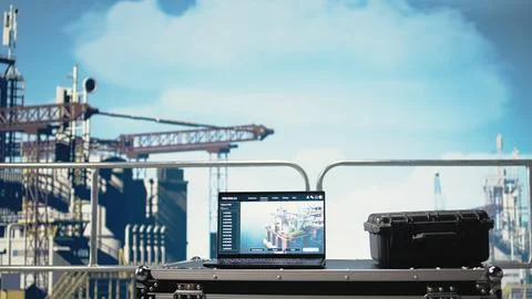 Laptop on drilling barge displaying predictive maintenance dashboard Stock Photos