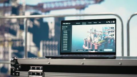 Laptop on drilling rig ship with dashboard monitoring operation performance Stock Footage 319970447