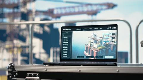 Laptop on drilling rig ship with dashboard monitoring operation performance Stock Photos