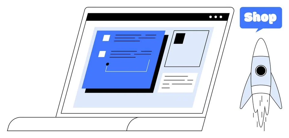 Laptop with E-commerce Platform and Rocket Startup Symbol for Online Shoppi.. Stock Illustration