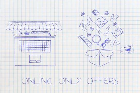 Laptop with e-store next to parcel with fashion objects coming out Stock Illustration