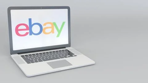 Laptop with eBay Inc. logo. Computer technology conceptual editorial 3D Illustrazione stock