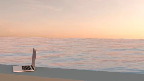 Laptop on the edge of a pool by sunset, 3D Rendering Stock Illustration