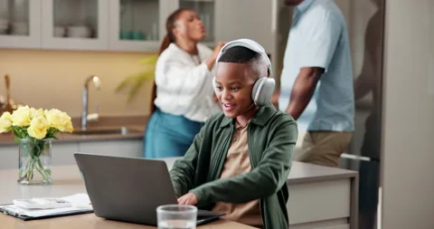 Laptop, elearning and child with headphones and arguing parents with distraction Stock Footage 341554444