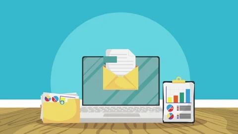 Laptop with email and documents animation, business information management .. Stock Footage 333606088