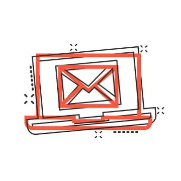 Laptop with email icon in comic style. Mail notification cartoon vector illus Stock Illustration