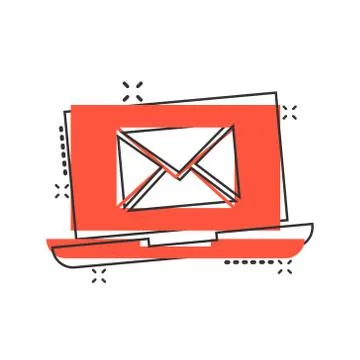 Laptop with email icon in comic style. Mail notification cartoon vector illus Stock-Illustration