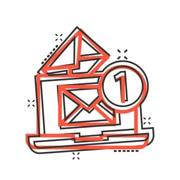 Laptop with email icon in comic style. Mail notification cartoon vector illus Stock-Illustration