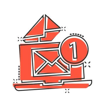Laptop with email icon in comic style. Mail notification cartoon vector illus Stock Illustration