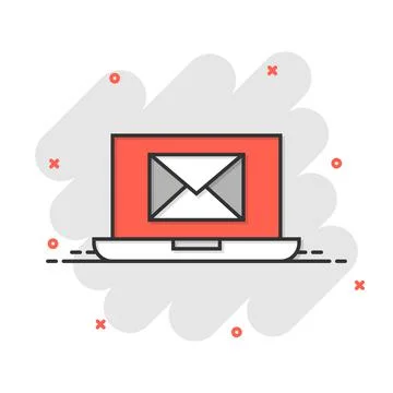 Laptop with email icon in comic style. Mail notification cartoon vector illus Stock-Illustration