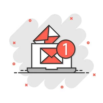 Laptop with email icon in comic style. Mail notification cartoon vector illus Stock Illustration
