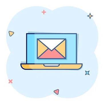 Laptop with email icon in comic style. Mail notification cartoon vector illus Stock-Illustration