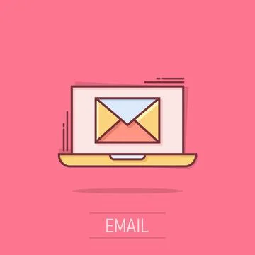 Laptop with email icon in comic style. Mail notification cartoon vector ill.. Stock-Illustration