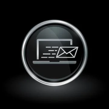 Laptop email send icon inside round silver and black emblem Stock Illustration